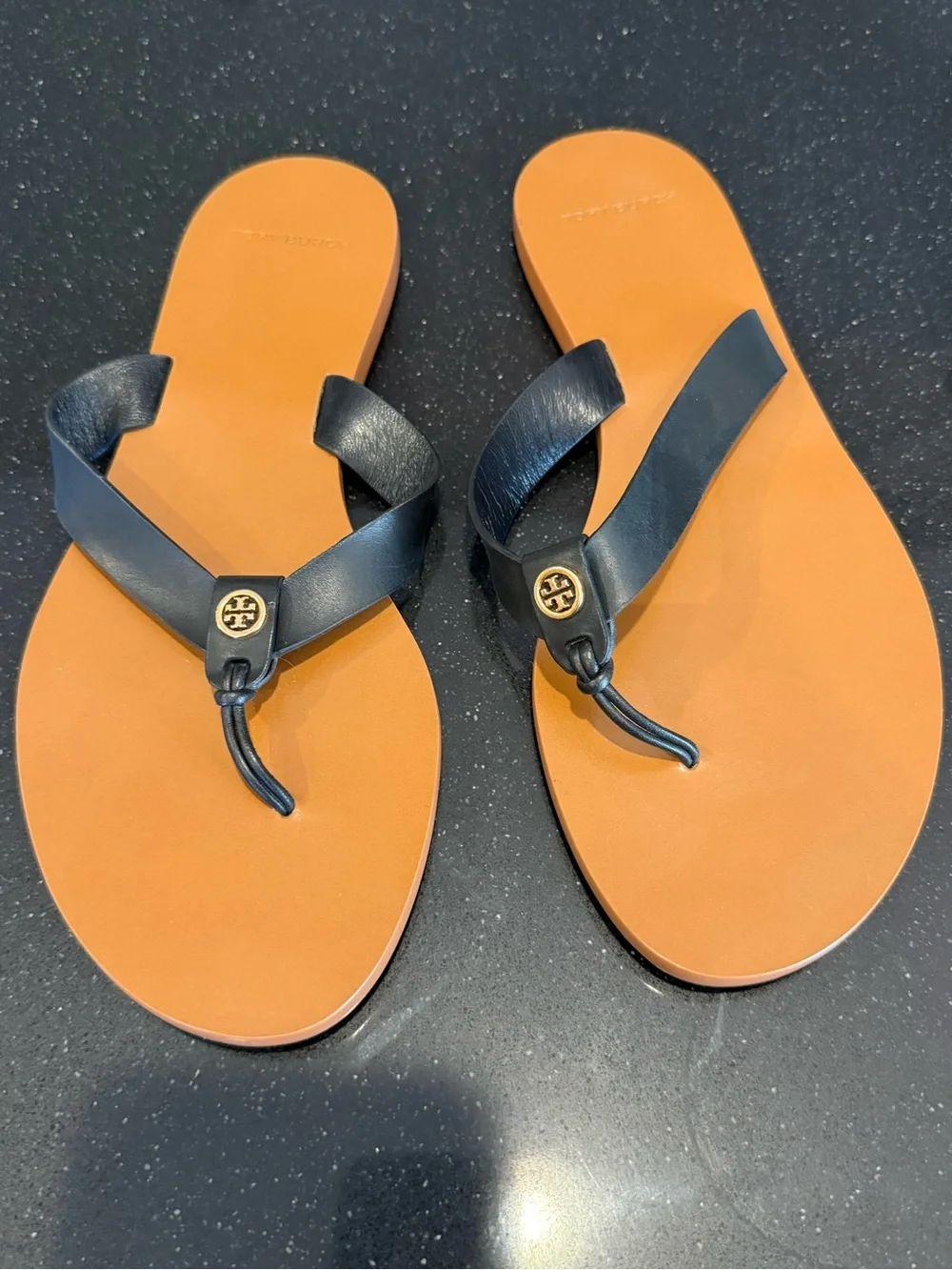 Tory Burch Black Leather Thong Sandals with Tan Footbed